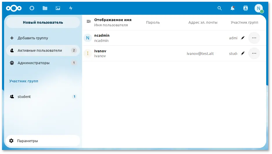 Nextcloud. Страница Активные пользователи